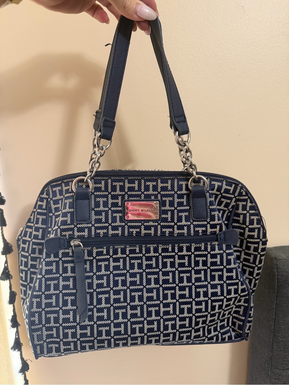Tommy Hilfiger Navy Logo Jacquard Satchel with Silver Hardware